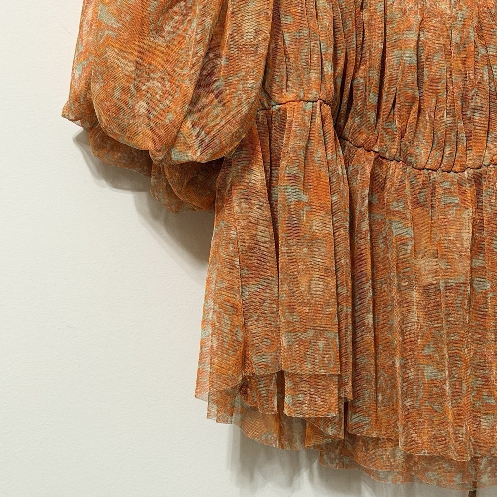 Free People Top XL Penelope Printed Smocked Peplum Top Orange Chiffon Summer NEW - Picture 4 of 10